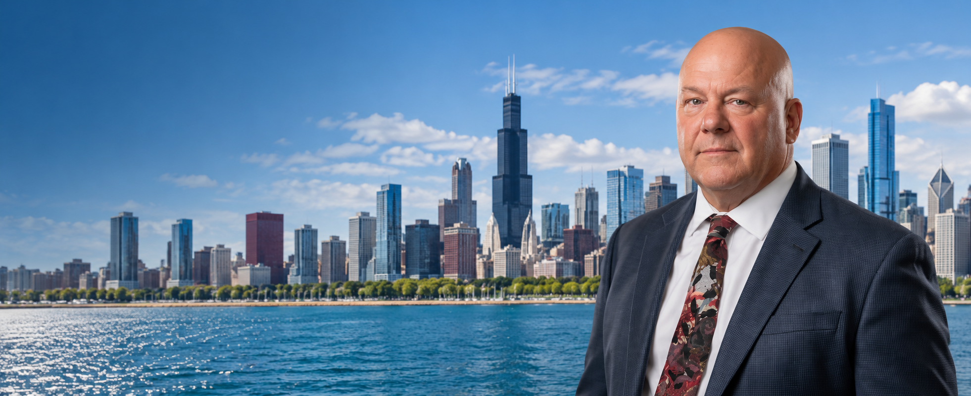 Chicago skyline and Larry Biela, Principal Investigator